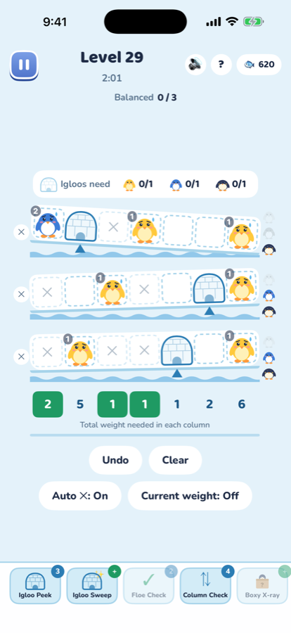 A Penguzzle board mid-solve